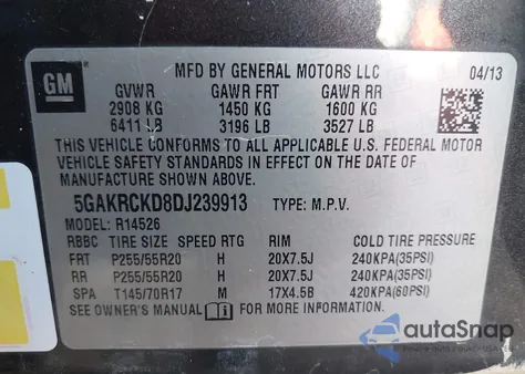 2013 Buick Enclave Leather z USA, uszkodzony, nr VIN 5GAKRCKD8DJ239913